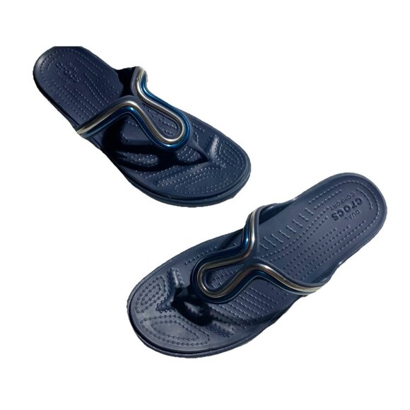 CROCS Sanrah Metal Block Flip Flop Wedge Artsy  Sandal Sz:9 Blue/silver NWOB - Picture 1 of 4